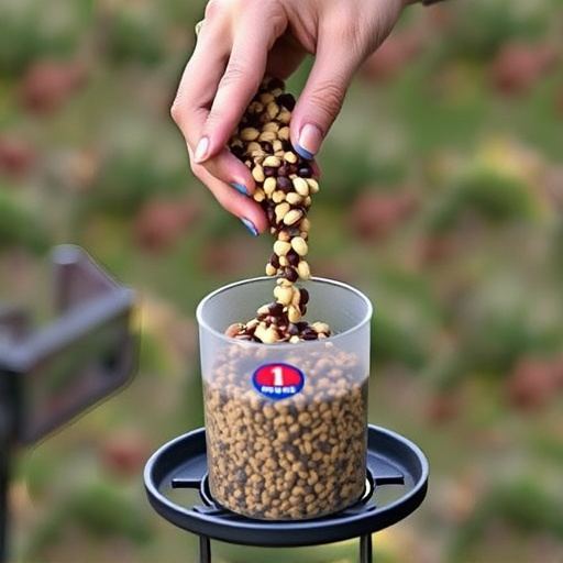 Hand pouring no-mess seeds into feeder