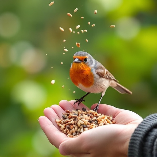 Hand sprinkling robin-friendly bird seeds