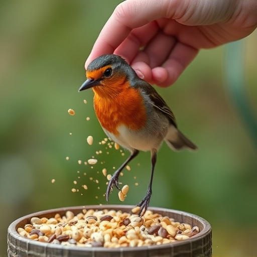 Hand sprinkling robin-friendly bird seeds
