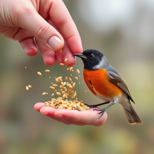 Hand sprinkling robin-friendly bird seeds
