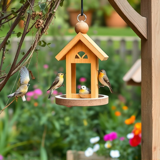 Hanging bird table in cottage garden