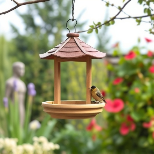 Hanging bird table in cottage garden
