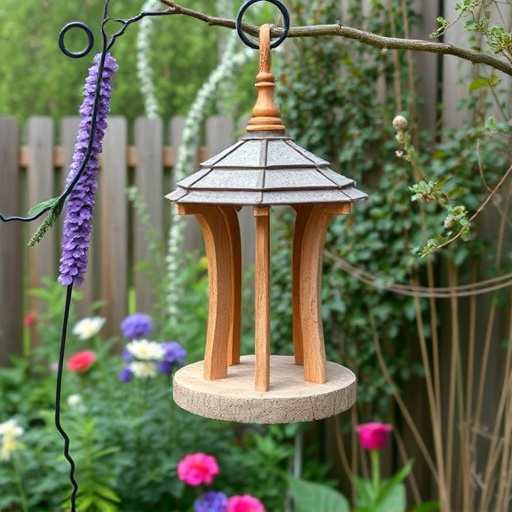 Hanging bird table in cottage garden