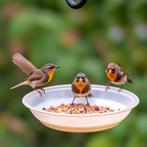 Hanging dish feeder attracting garden wrens