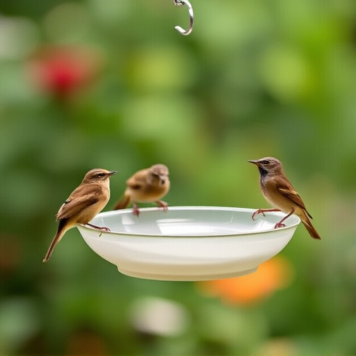 Hanging dish feeder attracting garden wrens