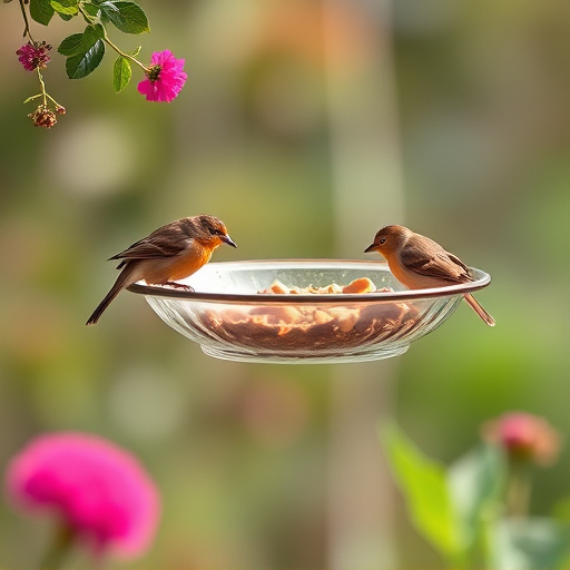 Hanging dish feeder attracting garden wrens