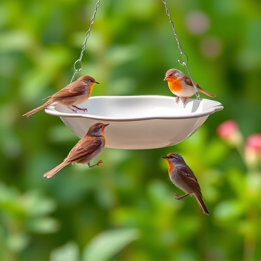 Hanging dish feeder attracting garden wrens
