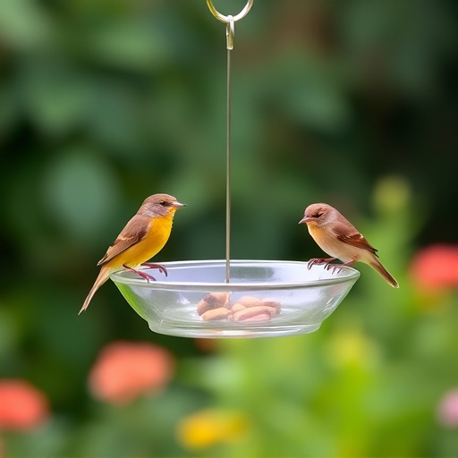 Hanging dish feeder attracting garden wrens