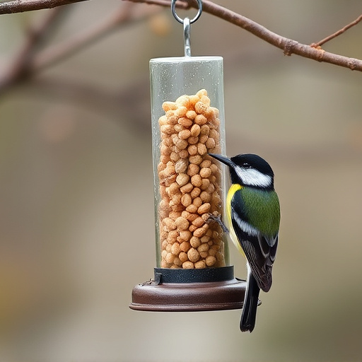 Hanging peanut feeder visited by great tit