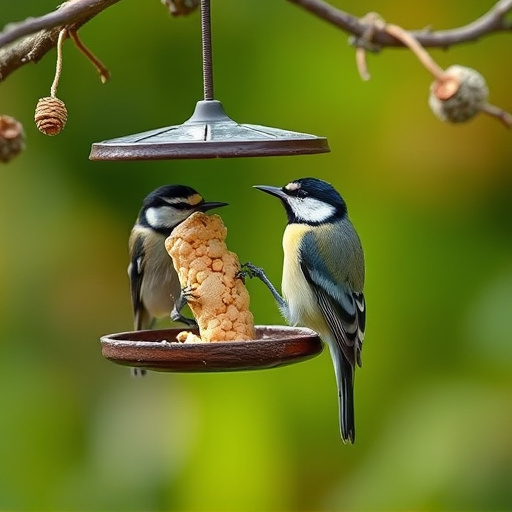 Hanging peanut feeder visited by great tit