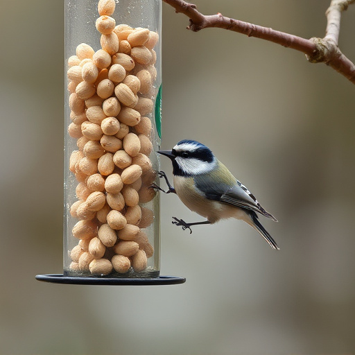 Hanging peanut feeder visited by great tit