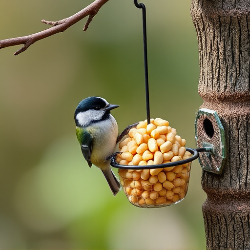 Hanging peanut feeder visited by great tit