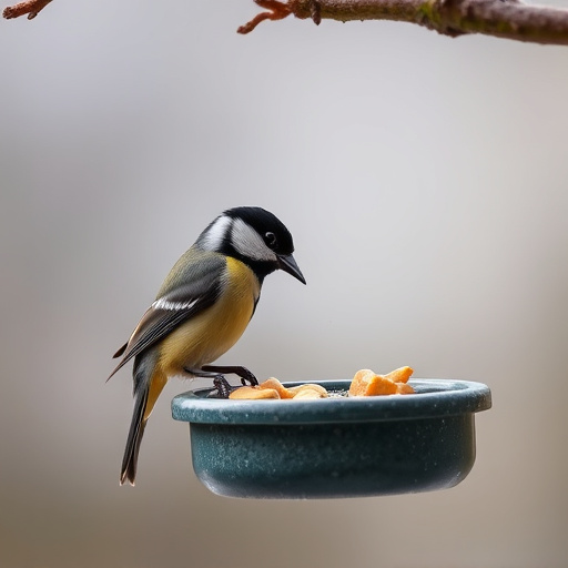 Hanging peanut feeder visited by great tit