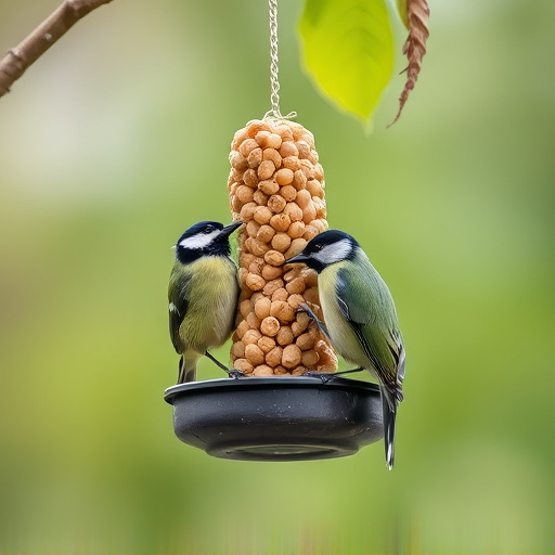 Hanging peanut feeder visited by great tit