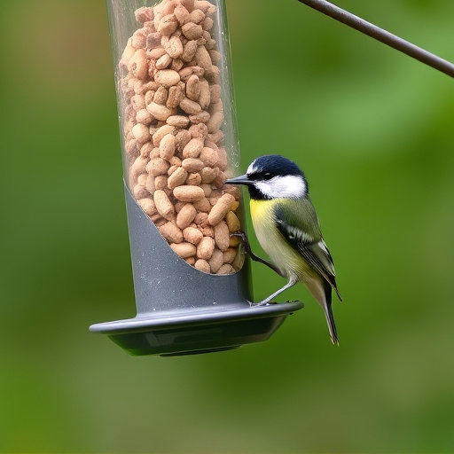 Hanging peanut feeder visited by great tit