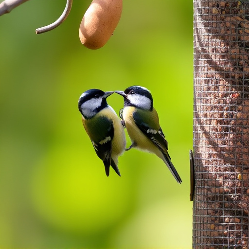 Hanging peanut feeder visited by great tit