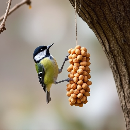Hanging peanut feeder visited by great tit