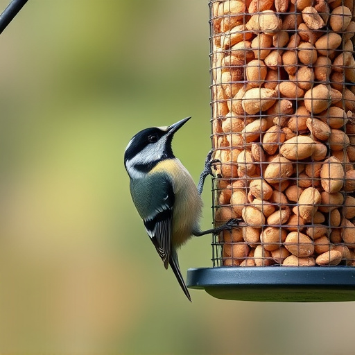 Hanging peanut feeder visited by great tit