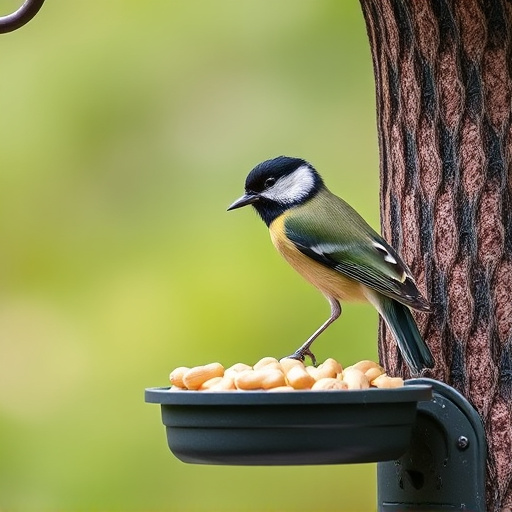 Hanging peanut feeder visited by great tit