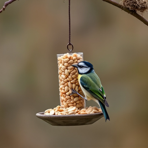 Hanging peanut feeder visited by great tit
