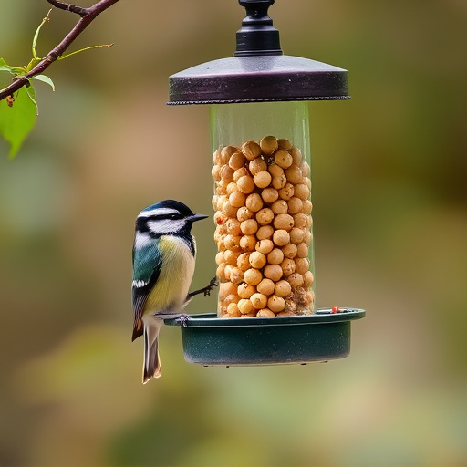 Hanging peanut feeder visited by great tit