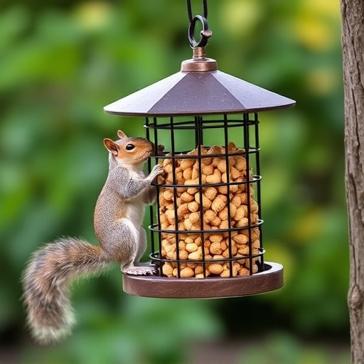 Hanging squirrel-proof peanut feeder outdoors