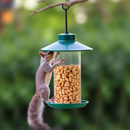 Hanging squirrel-proof peanut feeder outdoors