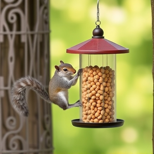 Hanging squirrel-proof peanut feeder outdoors