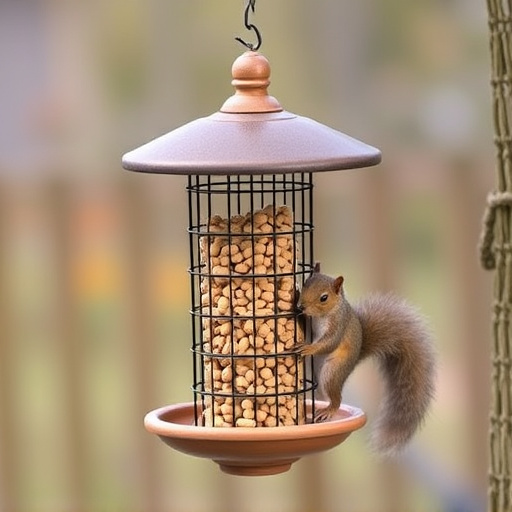 Hanging squirrel-proof peanut feeder outdoors