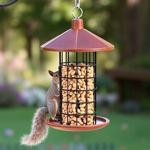 Hanging squirrel-proof peanut feeder outdoors