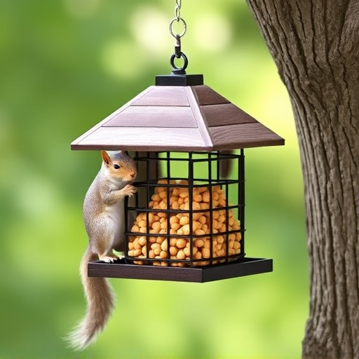 Hanging squirrel-proof peanut feeder outdoors