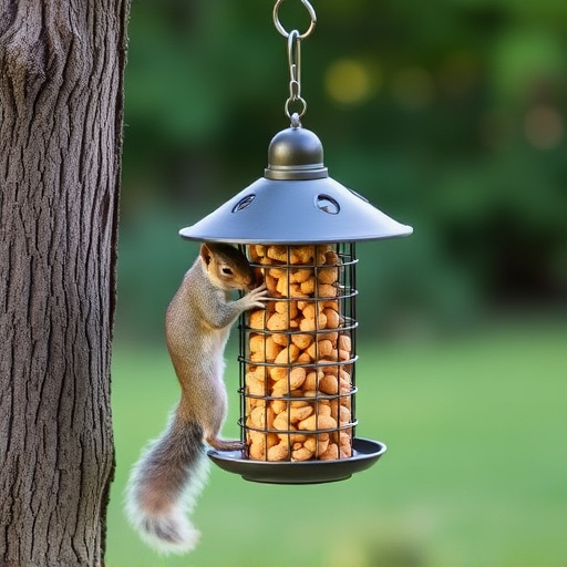 Hanging squirrel-proof peanut feeder outdoors