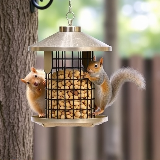 Hanging squirrel-proof peanut feeder outdoors