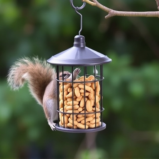 Hanging squirrel-proof peanut feeder outdoors