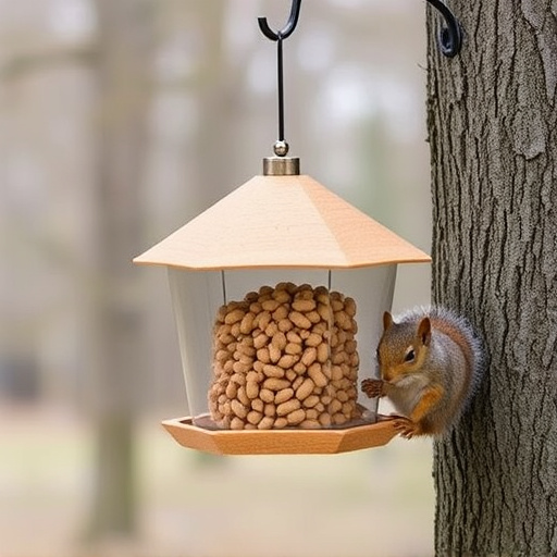 Hanging squirrel-proof peanut feeder outdoors