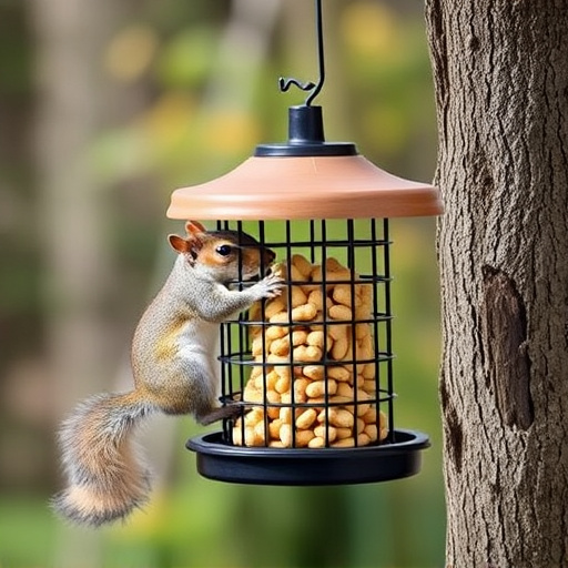 Hanging squirrel-proof peanut feeder outdoors