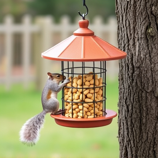 Hanging squirrel-proof peanut feeder outdoors