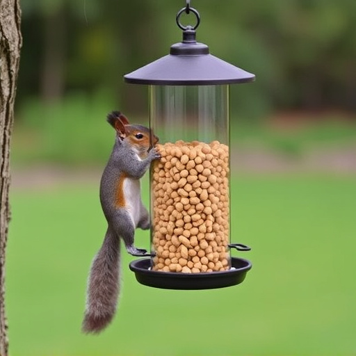 Hanging squirrel-proof peanut feeder outdoors