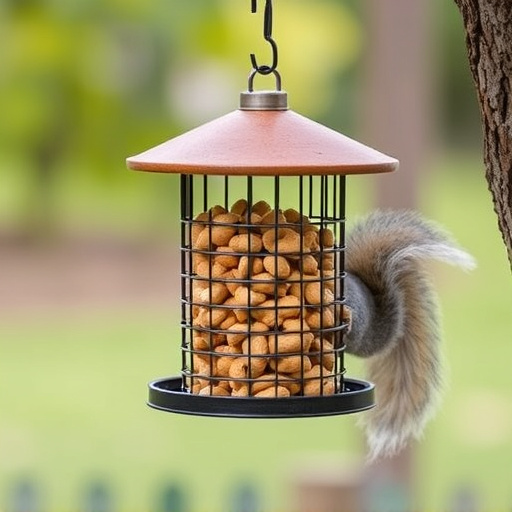 Hanging squirrel-proof peanut feeder outdoors
