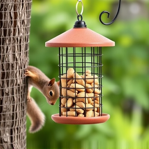 Hanging squirrel-proof peanut feeder outdoors
