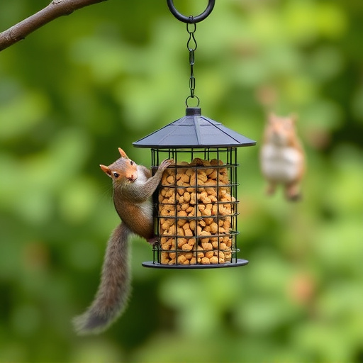 Hanging squirrel-proof peanut feeder outdoors