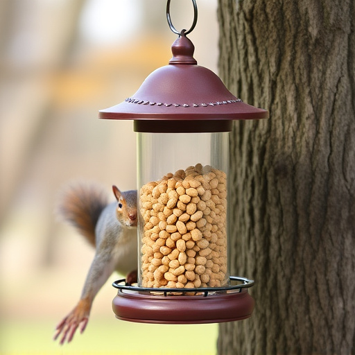 Hanging squirrel-proof peanut feeder outdoors