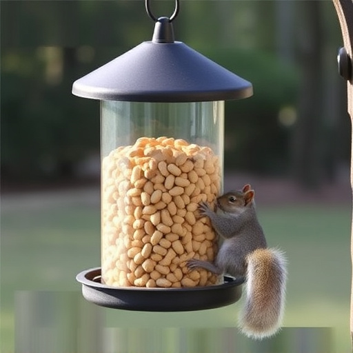 Hanging squirrel-proof peanut feeder outdoors