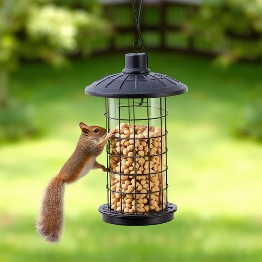 Hanging squirrel-proof peanut feeder outdoors