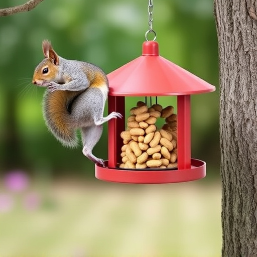 Hanging squirrel-proof peanut feeder outdoors