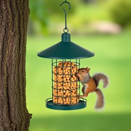 Hanging squirrel-proof peanut feeder outdoors