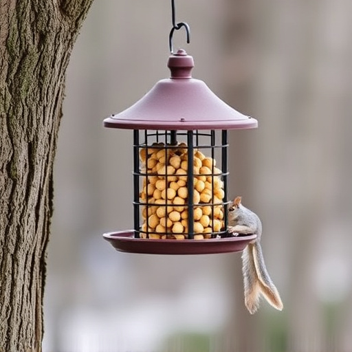 Hanging squirrel-proof peanut feeder outdoors