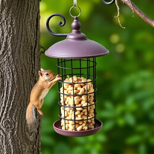 Hanging squirrel-proof peanut feeder outdoors