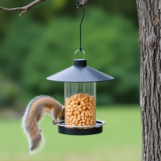Hanging squirrel-proof peanut feeder outdoors
