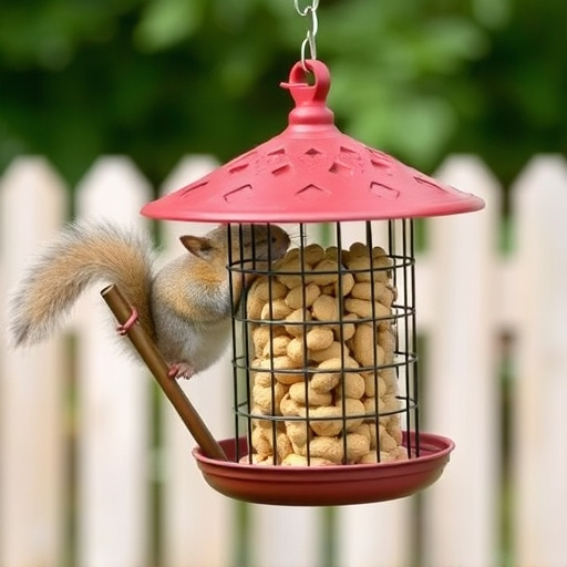 Hanging squirrel-proof peanut feeder outdoors